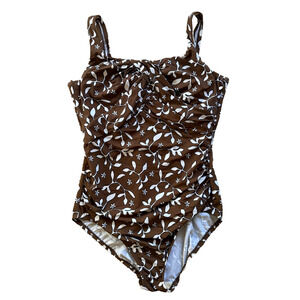 Lands End SlenderSuit Swimsuit 12 DD Brown Floral Ruched Tummy Control Shaping